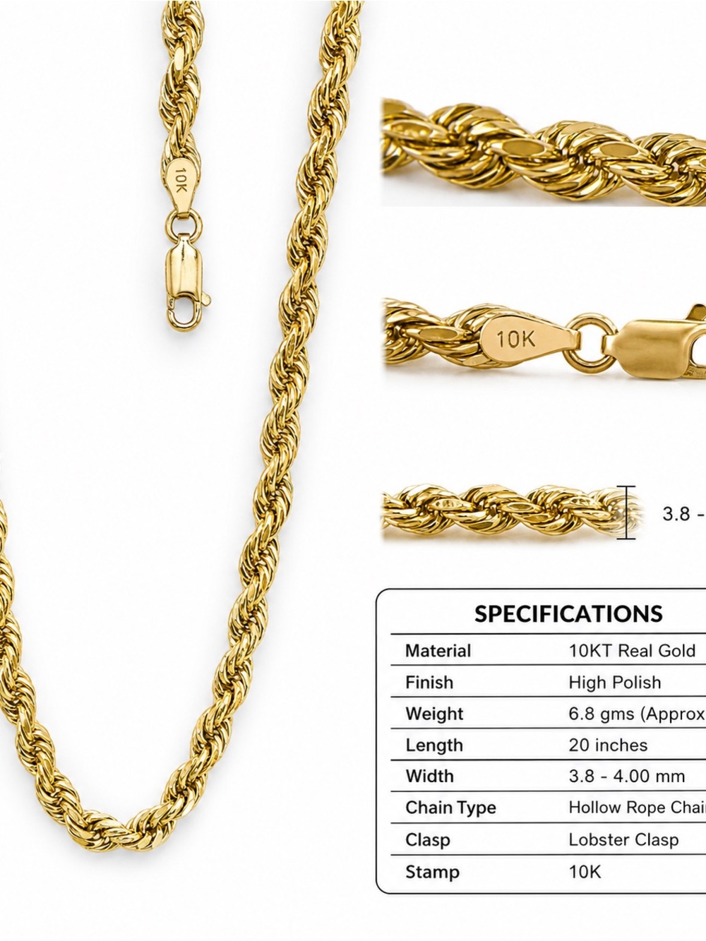 10K Gold Rope Chain Necklace - Yellow Gold